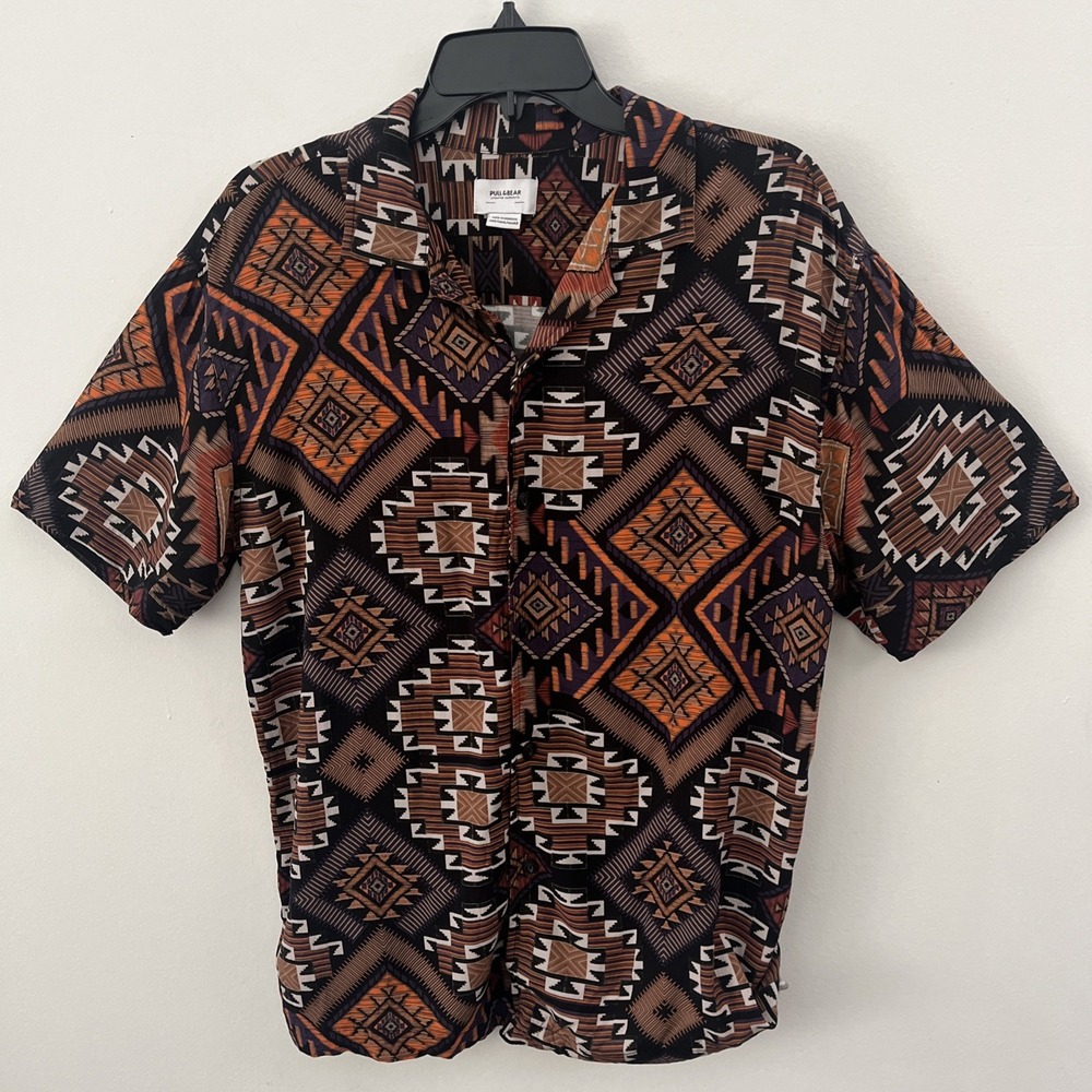 Men's Short Sleeve Button Down Shirt Large Multicolor Geometric Aztec Tribal